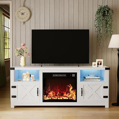 YESHOMY LED Fireplace TV Stand with Mood Lighting, TV Cabinet with Open Shelf, Farmhouse Media Console with Hidden Cable Routing, Entertainment Center for Televisions up to 65+ Inch, White