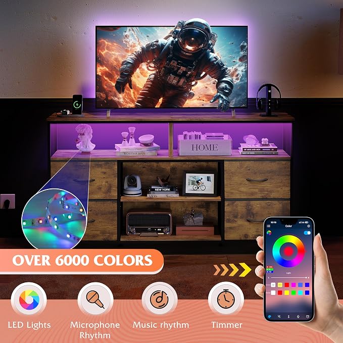 WLIVE TV Stand Dresser for 50,55,60 inch TV, Entertainment Center with LED Lights & Fabric Drawers, Dresser TV Stand for Bedroom and Living Room with Open Shelves, Rustic Brown