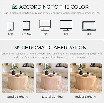 LINSY HOME Round Coffee Table, 31.5" Drum Coffee Table with Sliding Tambour Door, Fluted Accent Center Table with Storage, Mid Century Modern Coffee Table for Living Room, Oak