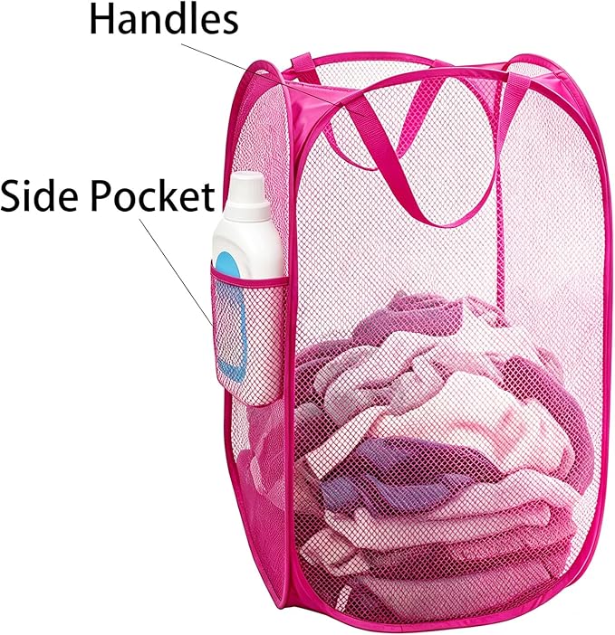 Larpur Popup Laundry Basket, Collapsible Portable Mesh Clothes Washing Laundry Hamper with Reinforced Carry Handles (Pink)