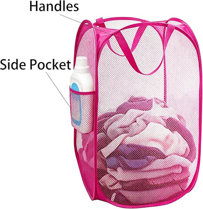 Larpur Popup Laundry Basket, Collapsible Portable Mesh Clothes Washing Laundry Hamper with Reinforced Carry Handles (Pink)