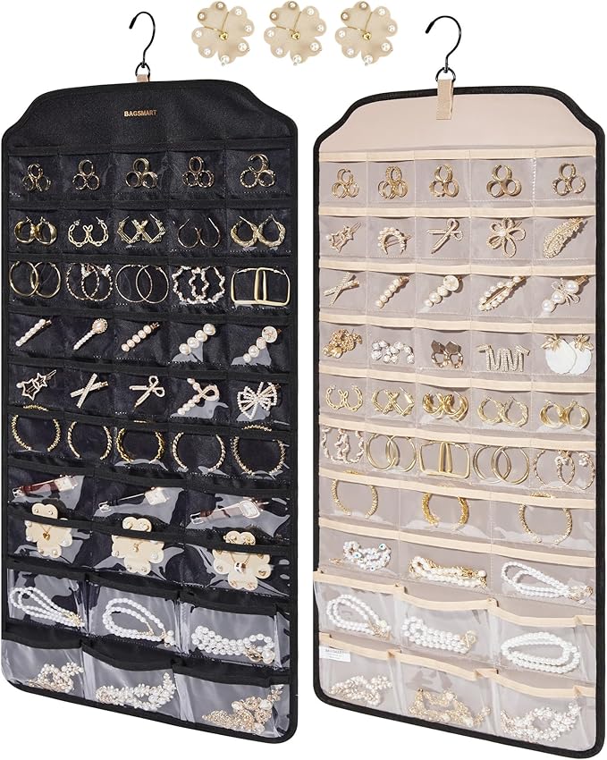BAGSMART Hanging Jewelry Organizer, 68 Pocket Earring Holder for Wall, Extra Large Jewelry Storage, Black, 1 Piece