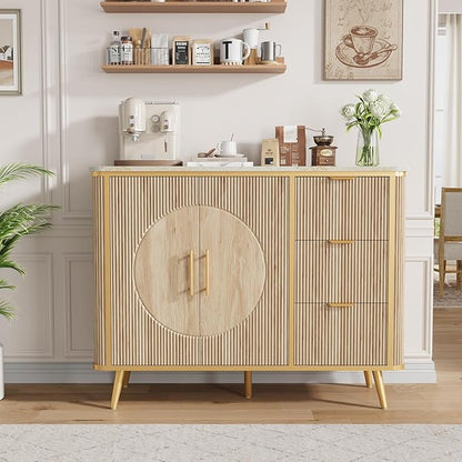 47.3" Modern Buffet Cabinet with Storage, Kitchen Sideboard Buffet with 2 Door & 3 Drawers, Fluted Caffee Bar Storage Cabinet for Dining Room, Living Room, Entryway, Natural Oak