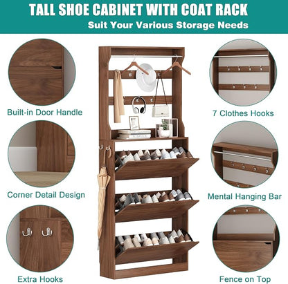 Shoe Cabinet for Entryway with 3 Flip Drawers, Walnut Tall Wood Shoe Storage Cabinet with Coat Rack, Narrow Hidden Slim Freestanding Shoe Rack Organizer, 2 in 1 Hall Tree for Living Room, Hallway