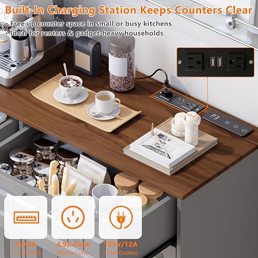 Double 10 Gallon Tilt Out Trash Can Cabinet with Deodorizing Function, Wooden Hidden Garbage Can Holder with Storage Drawers for Kitchen and Dining Room, Laundry Hamper Cabinet for Bathroom, Grey