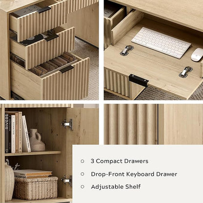 55" Large Fluted Executive Desk with File Drawer, Computer Desk with Storage and Charging Station, Modern Wooden Home Office Desk for Workspace, Writing, Study, Light Oak