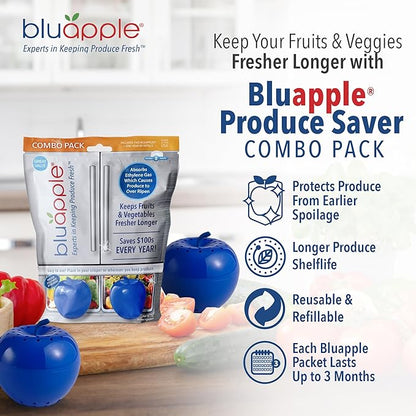 Bluapple Produce Saver Ethylene Gas Absorber - Fresh Fruit & Vegetable Storage for Refrigerator, Each Packet Lasts 3 Months, Produce Storage, BPA Free - Combo Pack (8 Packets & 2 Bluapples for 1 Year)