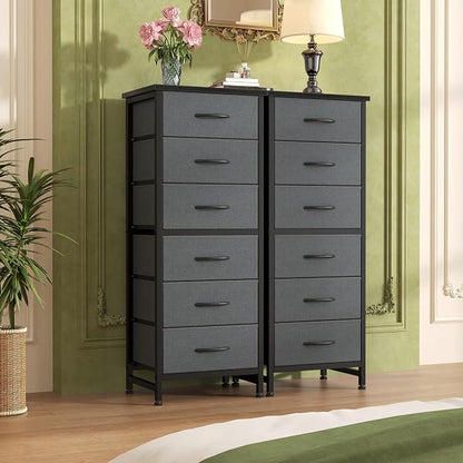 Sweetcrispy Tall Fabric Dresser for Bedroom, 6 Drawer Skinny Chest of Drawers, Narrow Storage Tower with Wood Top and Metal Frame, Vertical Nightstand for Closet, Bedroom Organization Furniture, Grey