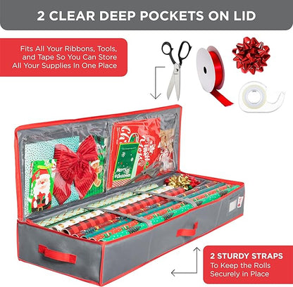 HOLDN' STORAGE Premium Wrapping Paper Storage Container - Durable 600D Tear-Proof, Fits 27 Rolls Gift Wrap, Extra Pockets for Ribbons & Bows, Underbed Storage - Ideal for Holiday Christmas, Grey/Red Trim
