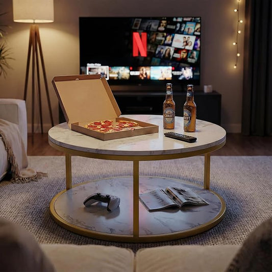 YESHOMY 36" Round Coffee Table, 2-Tier Wood Center Table with Storage Shelf, Heavy-Duty Metal Frame, Easy Assembly, Ideal for Living Room & Small Spaces, Black