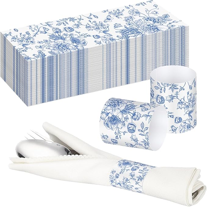 300 Pcs Wedding Paper Napkin Rings Disposable Napkin Bands Self Adhesive Blue White Flower Silverware Wrap Band for Wedding Birthday Holiday Party Dinner Table Setting Decoration