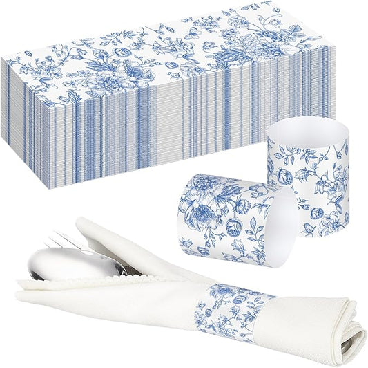 300 Pcs Wedding Paper Napkin Rings Disposable Napkin Bands Self Adhesive Blue White Flower Silverware Wrap Band for Wedding Birthday Holiday Party Dinner Table Setting Decoration