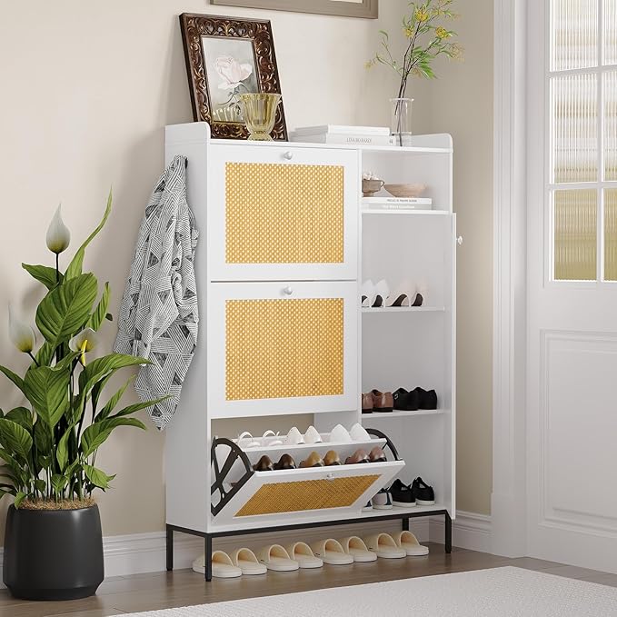Rattan Wooden Shoe Cabinet, Freestanding 3-Flip Drawer Shoe Storage Organizer, Side Cabinet & Top Fence, Easy Assembly Shoe Rack for Entryway Hallway Living Room, White