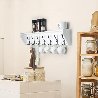 WEBI Coat Rack Wall Mount with Shelf,35" Long White Shelf with Hooks Underneath,7 Triple Hooks,Key Rack for Wall,Entryway Shelves for Wall