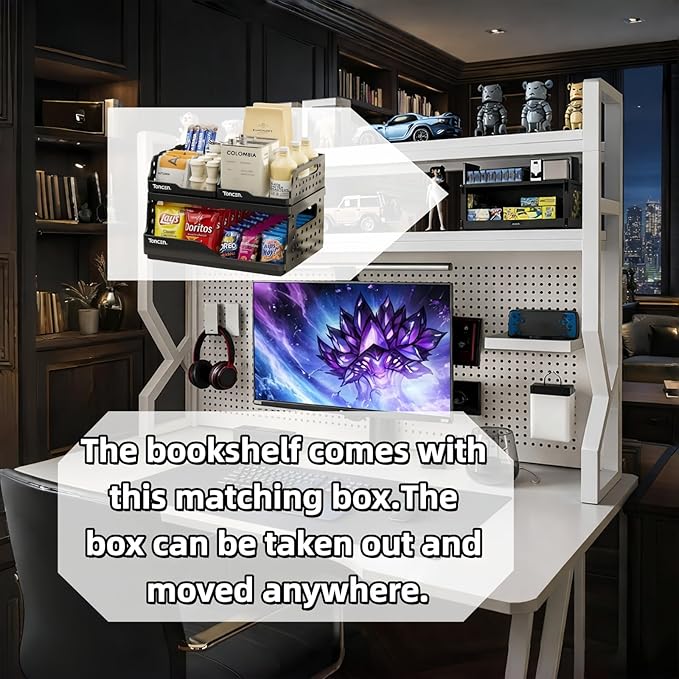 Desktop Hutch Bookshelf,Many Gifts,Metal Desktop Bookcase with pegboard, Desk Shelf White, Countertop Storage Organizer Rack for Dorm or Office,Desktop Shelves(White, 45.3" Lx9.9 Wx39 H)
