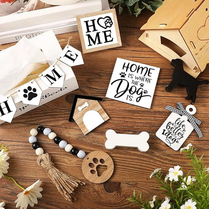 11 Pcs Dog Tiered Tray Decor Dog Home Rustic Farmhouse Tiered Tray Decorations Set Home Wooden Signs Vintage Farm Animal Farmhouse Tabletop Wood Signs for Kitchen Table Shelf Decor