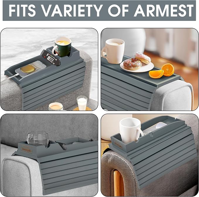 Couch Cup Holder Tray with 2 Cork Coasters, Couch Arm Tray, 2 in 1 Anti-Slip Foldable Sofa Arm Tray, Couch Armrest Table, Anti-Spill Couch Arm Table for Drinks TV Remote Cellphone Snacks (Grey)