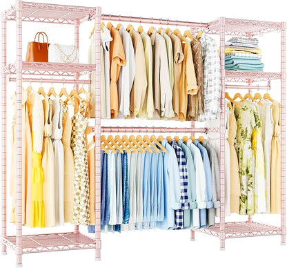 Ulif E7 Garment Rack, Heavy Duty Clothes Storage System with Extendable Hangers Rods, Metal Clothing Rack with 6 Wire Shelves, (52.3"-72") W x 14.5" D x 71.2" H, Load 838lbs, Pink
