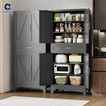 COFaR 71 in Tall Kitchen Pantry Cabinet, Metal Pantry Storage Cabinet with 4 Adjustable Shelves and 4 Barn Doors, Freestanding Farmhouse Food Cupboard for Dining Room Garage, Black 6-Tier