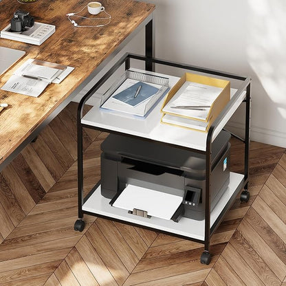Warmiehomy 2 Tier Printer Stand with Storage, 22 Inches(55cm x 50cm) Under Desk Rolling Printer Cart with Height Adjustable Shelf, Large Printer Table for Home Office, White