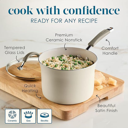 Rachael Ray Cucina Ceramic Cookware Set - 13 Pieces - Ceramic Pots and Pans Set w/Nonstick Frying Pans, Saute Pan, Saucepans, Stockpot, Lids, Pan Protectors - Almond