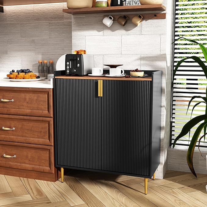 ARTPOWER Sideboard Buffet Cabinet with Fluted Texture, Modern Coffee Bar Cabinet with Wine Rack&Drawers, Black Liquor Cabinet for Kitchen Dining Room, Living Room
