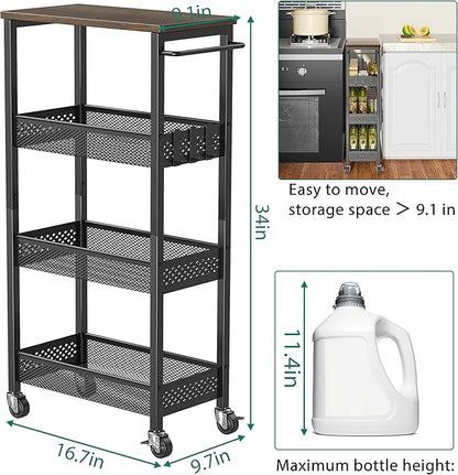 XYZLVSI Slim Storage Cart 4 Tier Fruit and Vegetable Baskets for Kitchen Small Space, Narrow Laundry Cart on Wheels with Wooden Top and Metal Handle for Pantry, Bathroom, Laundry Room