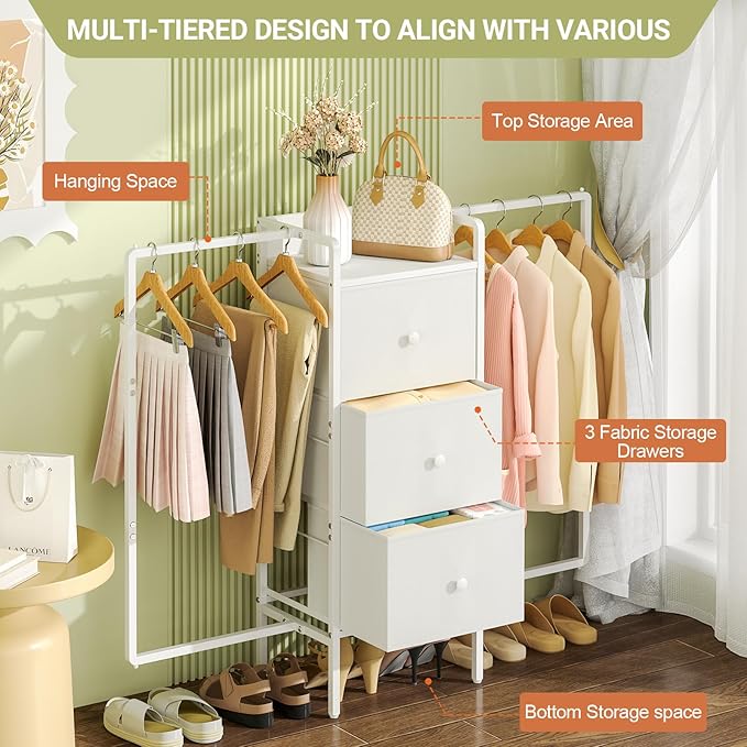 48.03” W Dresser with 2 Hanging Racks, 3 Drawers Dresser Closet for Bedroom, Fabric Kids Chest of Drawers with Clothes Rack, Small Dresser with Wooden Top, White Dresser for Bedroom
