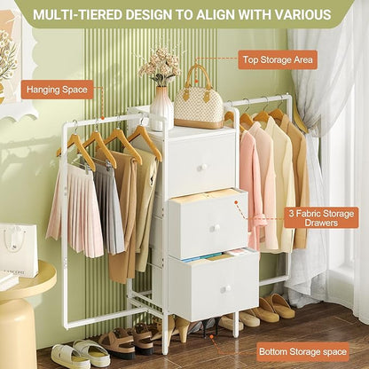 48.03” W Dresser with 2 Hanging Racks, 3 Drawers Dresser Closet for Bedroom, Fabric Kids Chest of Drawers with Clothes Rack, Small Dresser with Wooden Top, White Dresser for Bedroom