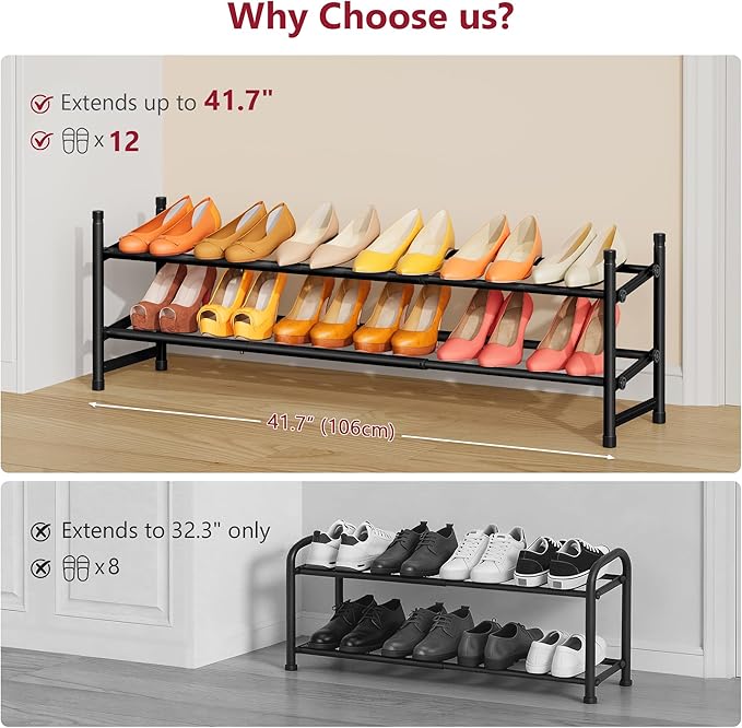 Tajsoon Expandable Shoe Rack for Closet 2 Tier, 28“-41“ Adjustable & Stackable Shoe Shelf Storage, Metal Shoe Rack Organizer for Front Door Entrance, Closet, Garage, Entryway, Black