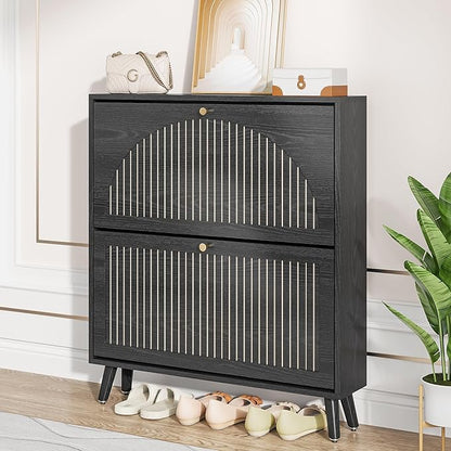 Shoe Storage Cabinet for Entryway with 2 Flip Drawers, Narrow Wood Shoe Cabinet with Fluted Panel, Freestanding Hidden Shoe Organizer for Foyer, Hallway (Black - No Shelf)