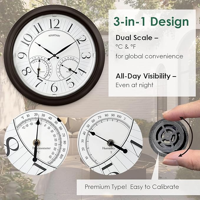 18 Inch Illuminated in/Outdoor Clock with Smart Sensor and Night Light, Waterproof, Large Wall Clock with Thermometer & Hygrometer for Patio,Pool and Garden Decor,Oil Rubbed Bronze