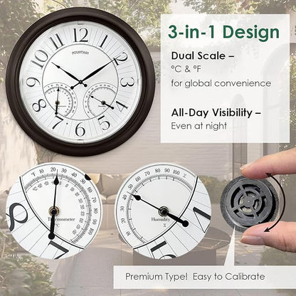 18 Inch Illuminated in/Outdoor Clock with Smart Sensor and Night Light, Waterproof, Large Wall Clock with Thermometer & Hygrometer for Patio,Pool and Garden Decor,Oil Rubbed Bronze