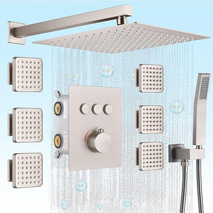 Thermostatic Rain Shower System, 12 Inch Wall Mounted Shower Faucet Set with 6 Body Spray Jets and Valve, Can Control Water Flow and Run All Together, Brushed Nickel