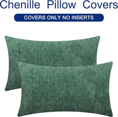 CaliTime Christmas Throw Pillow Covers Decorative 12 X 20 Inches Pack of 2 Cozy Chenille Cushion Cases for Couch Sofa Bed Living Room Home Dark Green