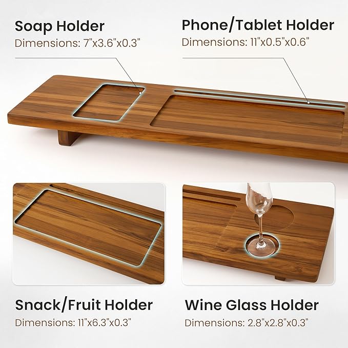 Teak Bathtub Tray - Wood Bath Caddy Tray 29" for Small Tubs - Adjustable Bathtub Table Trays - Luxury Shower Organizer for Home Spa Relaxation and Reading - Light Walnut Color