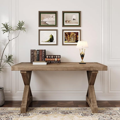homary 47.2" Solid Wood Executive Desk, Rustic Farmhouse Home Office Desk with X-Trestle Base, Compact Writing & Computer Table for Home Office or Study Room