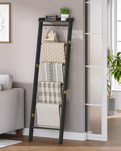 Hzuaneri Blanket Ladder Shelf, Decorative Quilt Rack, 7-Tier Farmhouse Ladder Holder Organizer with 4 Removable Hooks 7.9" D x 17.3" W x 66.9" H, Black BR36804B
