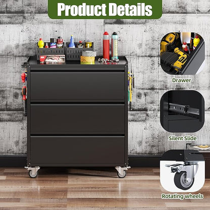 3 Drawers Garage Storage Cabinet with Wheels,35" H Metal Storage Cabinets for Garage, Home, Assembly Required,Black
