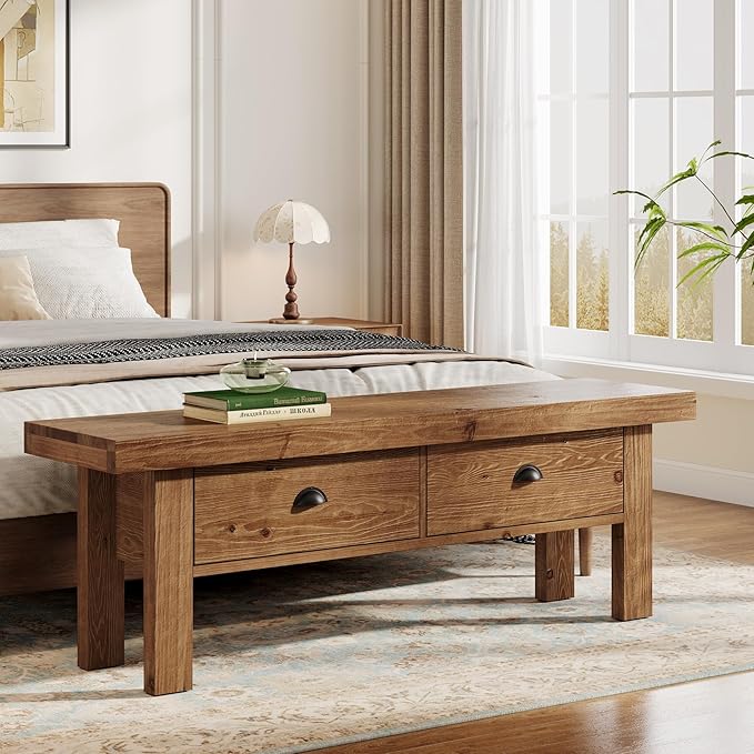 55" Solid Wood Entryway Bench with 2 Drawers, Farmhouse Long Bench End of Bed Stool with Open Storage Shelves for Hallway, Mudroom, Bedroom, Dark Brown