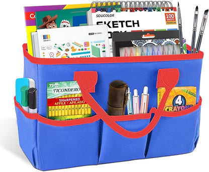 Godery Desktop Tote and Organizer, Teacher Helper Bag for Arts, Books, Stationery, Office Desk, Make-up Storage with Handles for Travel (BLUE)