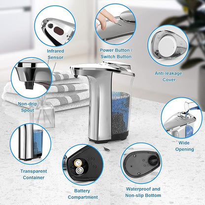 PZOTRUF Automatic Soap Dispenser, Touchless Dish Soap Dispenser 17oz/500ml with Infrared Sensor, 5 Adjustable Soap Dispensing Levels, Liquid Hand Dispenser for Bathroom Kitchen Sink (Silver)