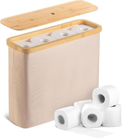 BAMBOO LAND- Toilet Paper Storage with Bamboo Lid for 12 Rolls, Beige, Waterproof Bamboo Toilet Paper Holder Basket
