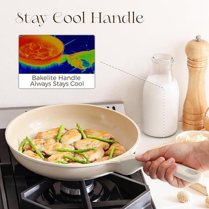 PRICUSIS Nonstick Ceramic Frying Pan with Lid, 8/10 Inch Skillet with Stay Cool Handle, Fully Coated, 100% Dishwasher Safe, Oven Safe, PTFE PFAS & PFOA Free (10 Inch, Coconut White
