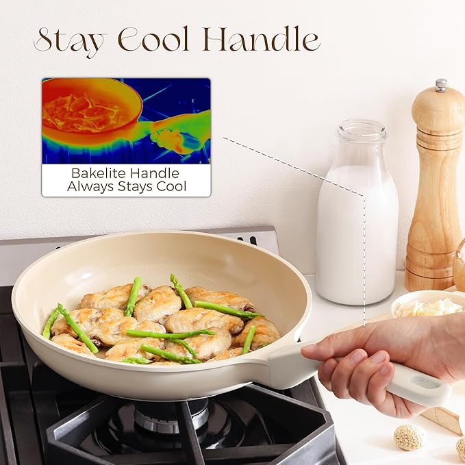 PRICUSIS Nonstick Ceramic Frying Pan, 8/10 Inch Skillet with Stay Cool Handle, Fully Coated, Induction Compatible & Oven Safe, 100% Dishwasher Safe, PTFE PFAS & PFOA Free（10 Inch, Coconut White）