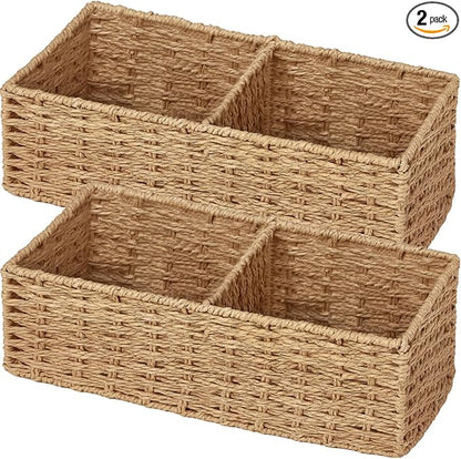 Vagusicc Set of 2 Wicker Storage Basket for for Shelves, Baskets for Organizing, Toilet Paper Basket for Toilet Tank Top, 2-Section, Natural