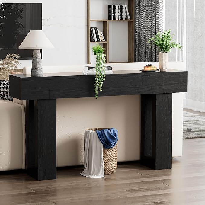 63 Inch Long Console Table, Narrow Rectangular Sofa Table Behind The Couch, Farmhouse Entryway Table for Entrance, Hallway, Living Room (Black)