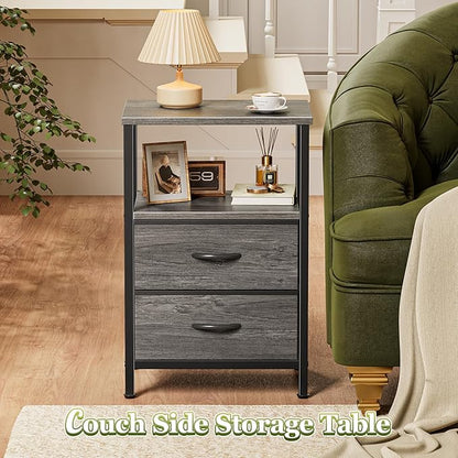 Huuger Night Stand Set of 2, Nightstand with 2 Drawers, Bed Side Table with Open Shelf, Wooden Top, End Table, Fabric Drawer, for Bedroom, Gery