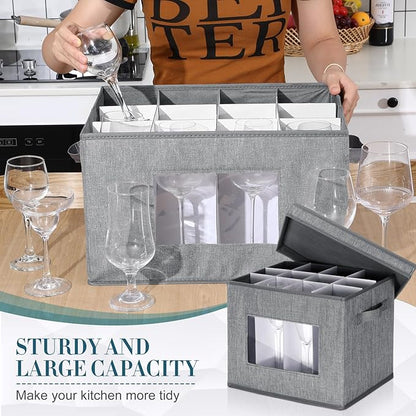 Uiifan 4 Pcs Wine Glass Storage Box with Dividers 12 Compartment Stemware Storage Cases China Container Box with Lid, Handles, PVC Window for Moving, Gray