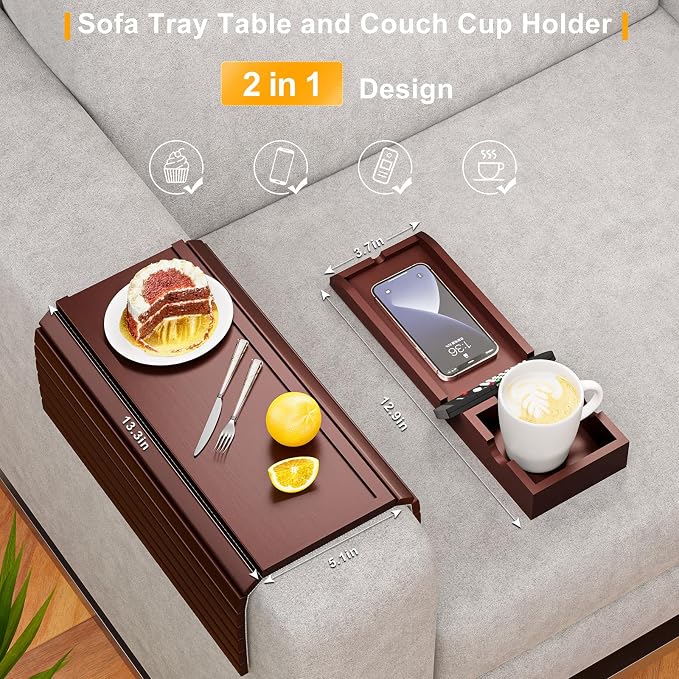 Bestjing Bamboo Couch Armrest Table, Sofa Arm Tray with Detachable Couch Cup Holder- 2 in 1 Anti-Slip Foldable Sofa Armchair Caddy Table for Drinks Cellphone TV Remote Snacks (Walnut)